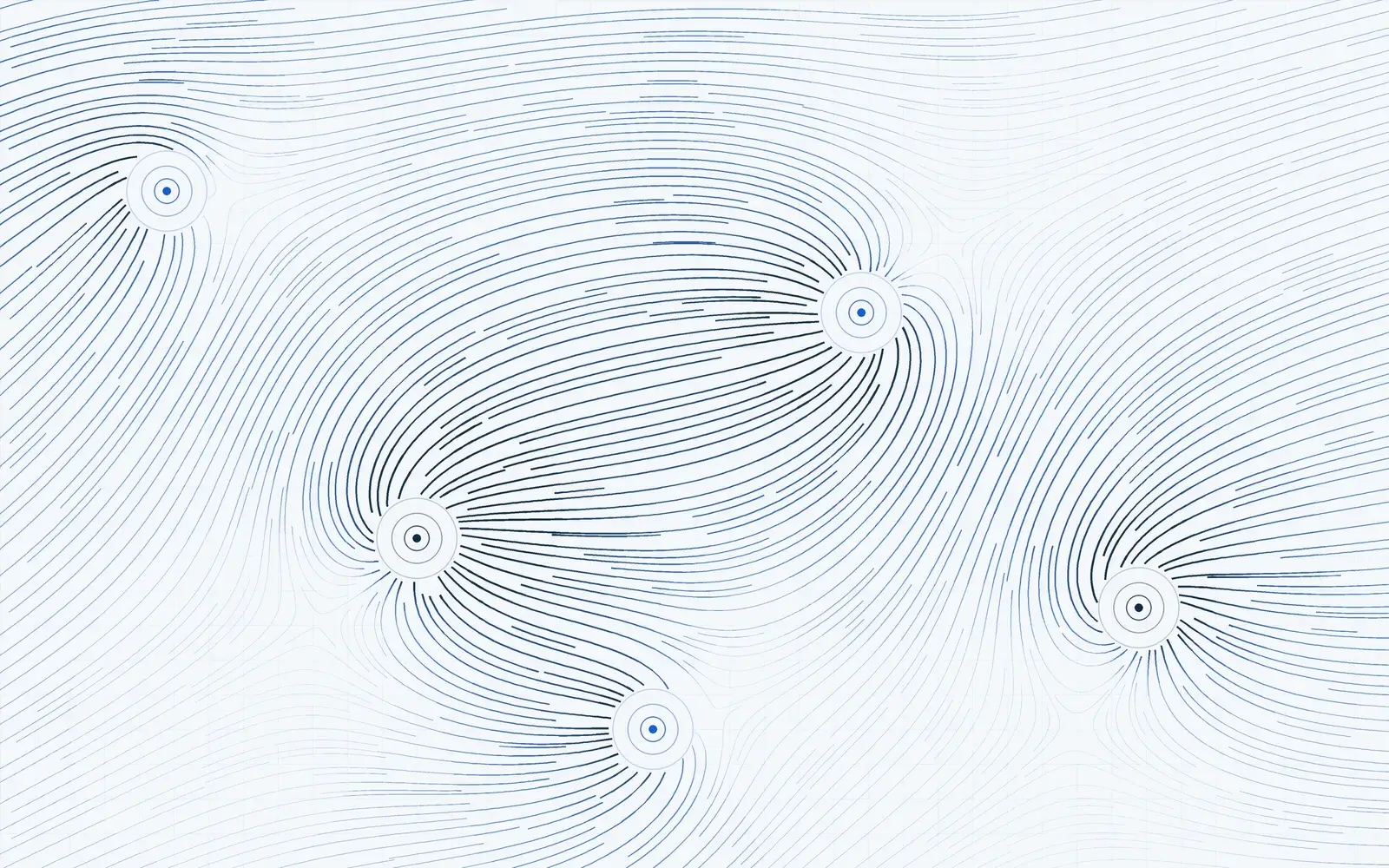 Illustration: evenly spaced blue streamlines bending around five field sources on a pale lab-blue grid
